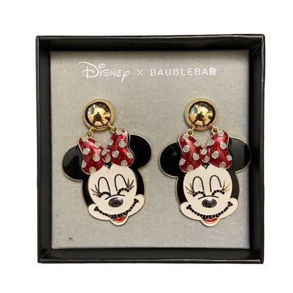 NEW Disney x Baublebar Minnie Mouse Red Sparkly Bow  Drop Earrings Gold - Picture 1 of 2